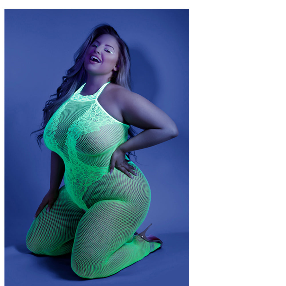 Fantasy Lingerie Glow Moonbeam Crotchless Bodystocking Green Queen Size - Fantasies Boutique