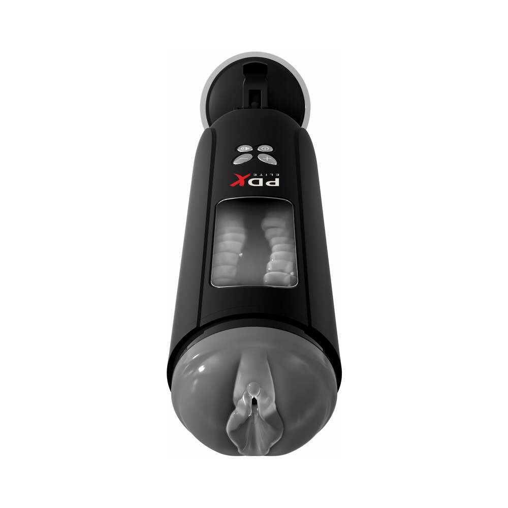 PDX Elite Ultimate Milker Gyrating Suction Stroker With Audio and Suction Cup Clear/Black - Fantasies Boutique
