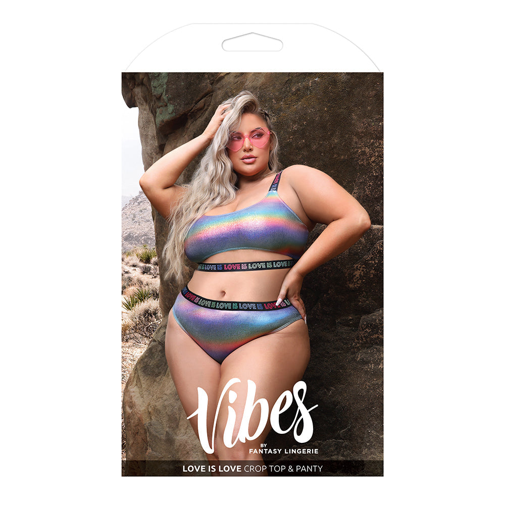 Fantasy Lingerie Vibes Love is Love Underboob Cutout Top & Cheeky Panty Rainbow Holo Queen Size - Fantasies Boutique