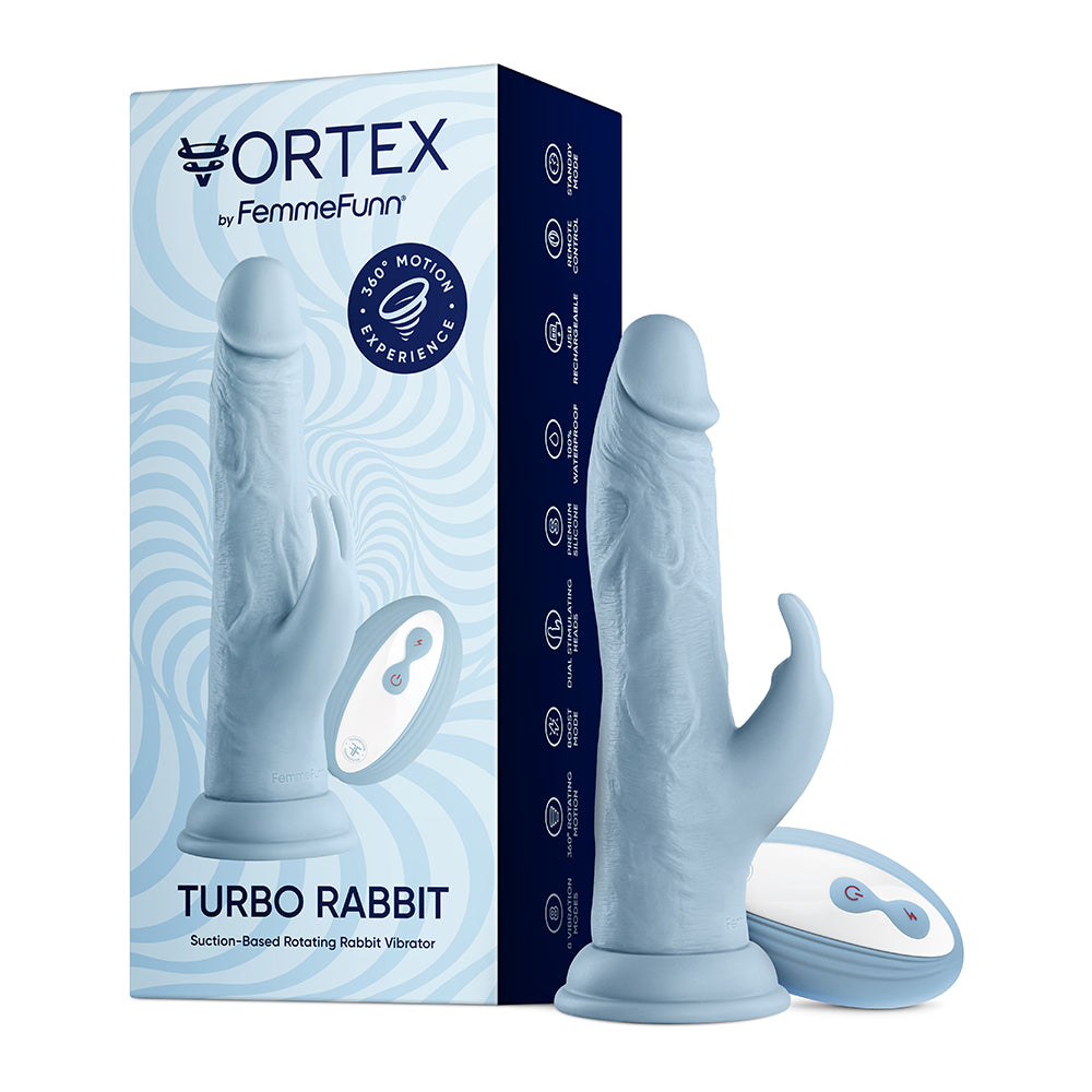FemmeFunn Vortex Turbo Rabbit 2.0 8 in. Dual Stimulation Vibrating Dildo Light Blue - Fantasies Boutique