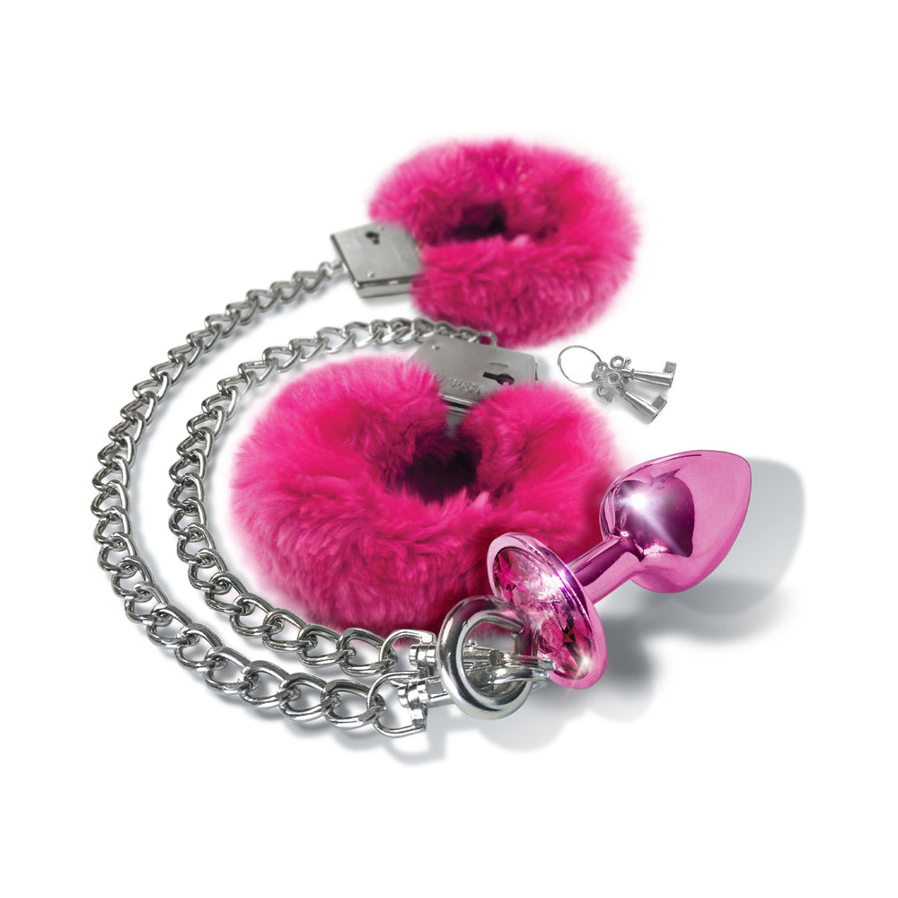 Nixie Metal Butt Plug & Furry Handcuff Set Medium Pink Metallic - Fantasies Boutique