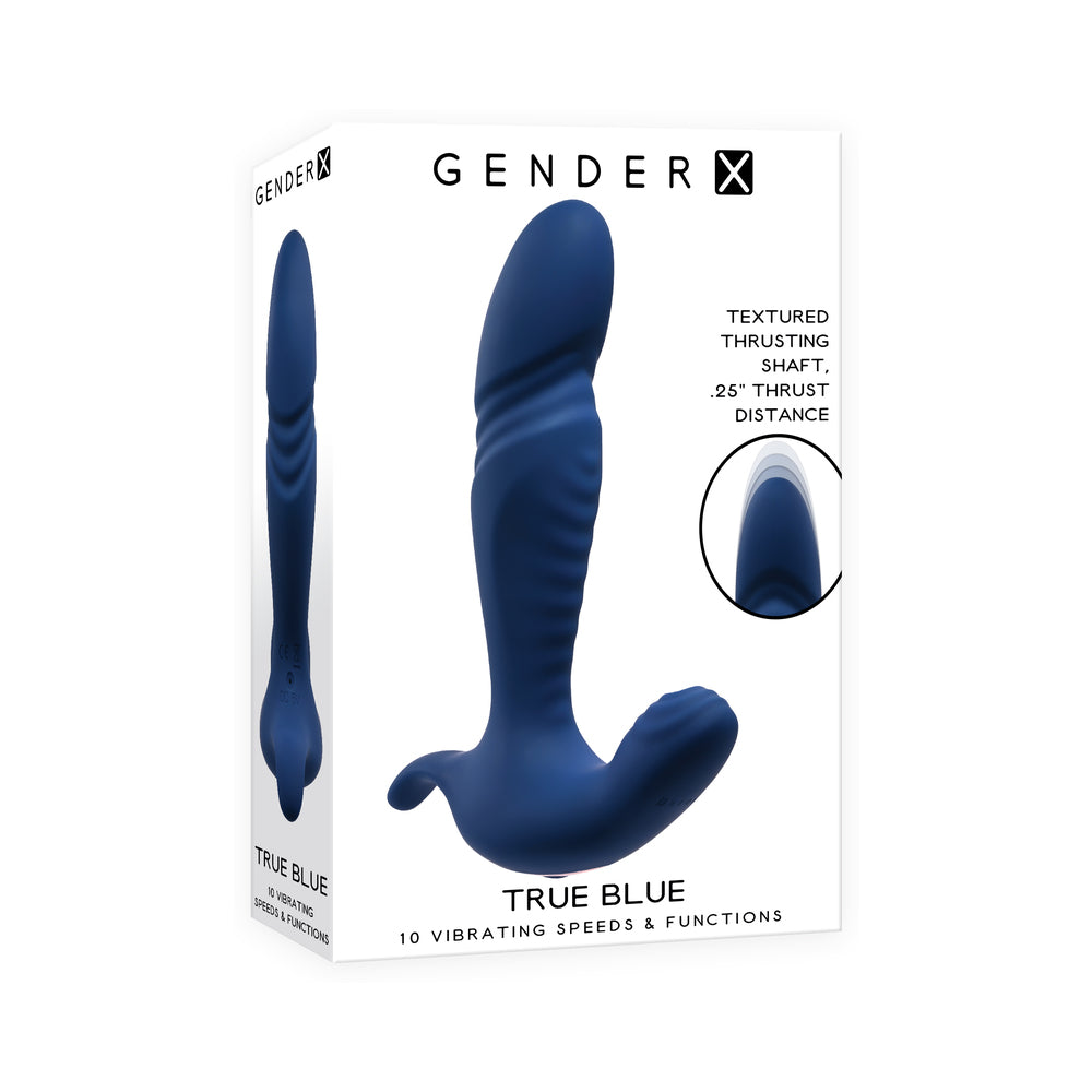Gender X True Blue Rechargeable Thrusting Silicone Vibrator Blue - Fantasies Boutique
