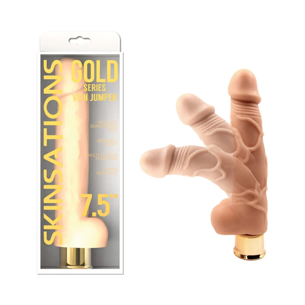 Skinsations Gold Series Vein Jumper 7.5 in. Vibrating Dildo Multi Function - Fantasies Boutique