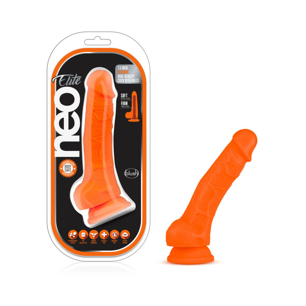 Neo Elite 7.5 in. Silicone Dual Density Dildo with Balls Neon Orange - Fantasies Boutique