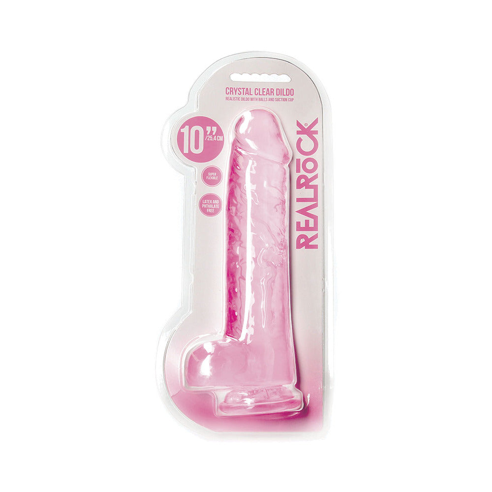 RealRock Crystal Clear Realistic 10 in. Dildo With Balls and Suction Cup Pink - Fantasies Boutique