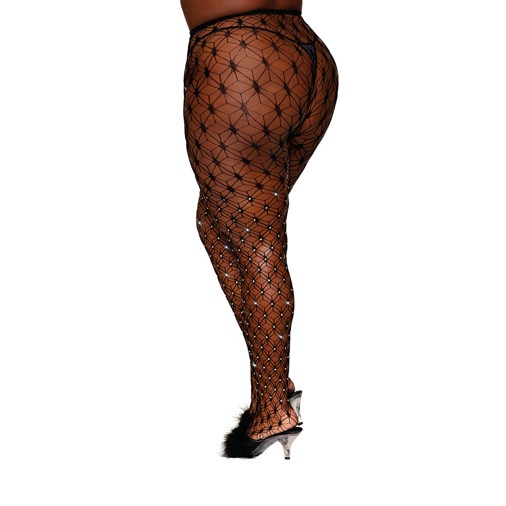 Dreamgirl Geometric Fence Net Pantyhose with Rhinestone Embellishment Black Queen Size