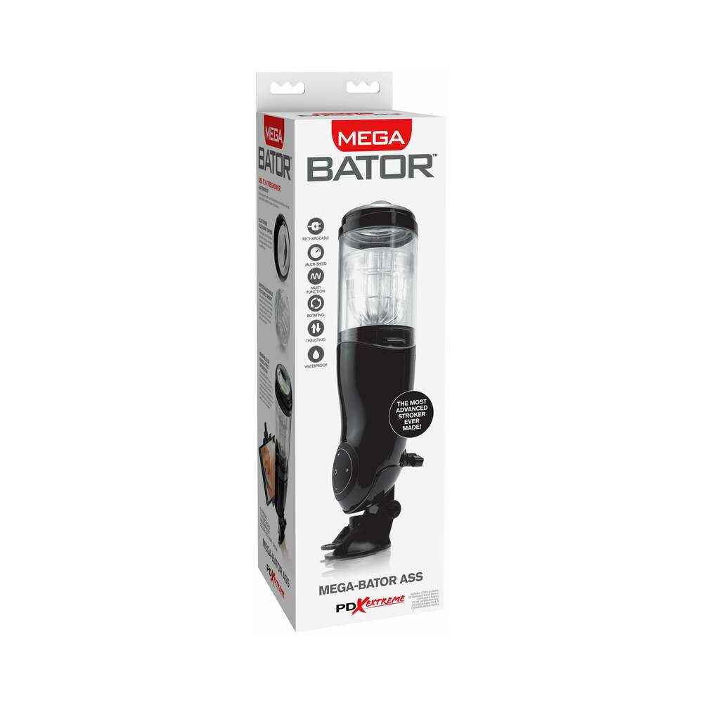 PDX Mega-Bator Ass Rechargeable Rotating Thrusting Stroker With Hands-Free Suction Cup Clear/Black - Fantasies Boutique
