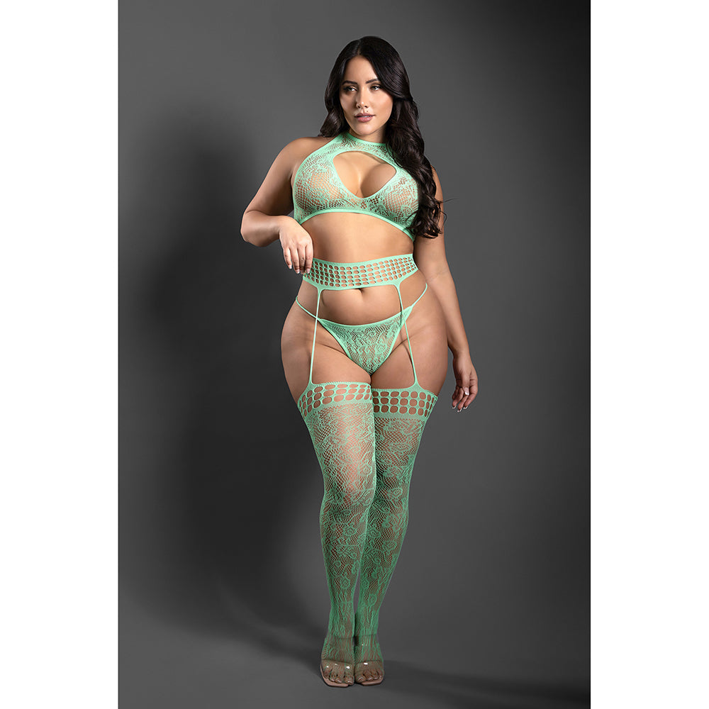 Fantasy Lingerie Sheer Heart Of Glass Lace Knit Halter Tie Top, G-String & Gartered Stockings Seaglass Green Queen Size