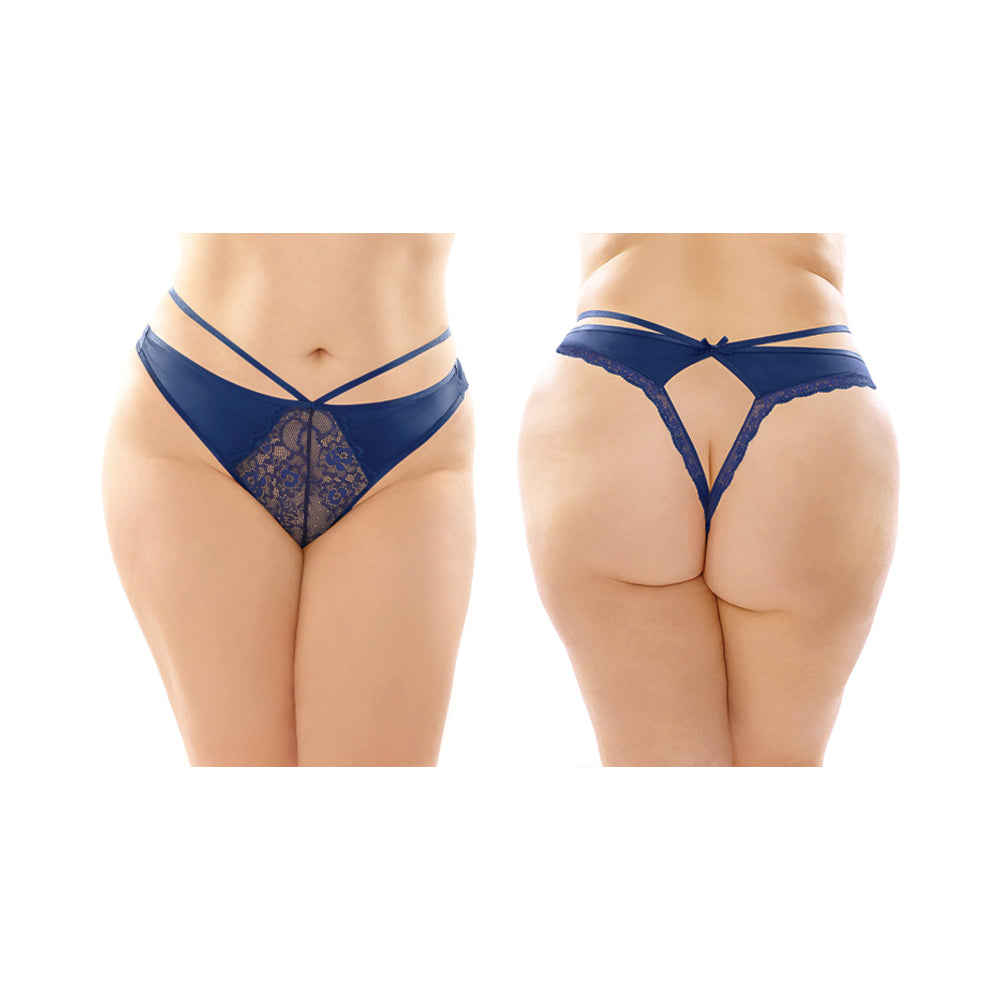 Fantasy Lingerie Kalina Strappy Microfiber & Lace Thong With Back Cutout Navy Queen Size - Fantasies Boutique