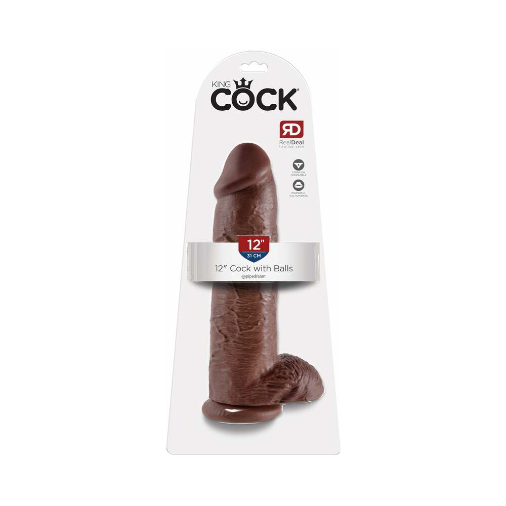 King Cock 12 in. Cock With Balls Realistic Suction Cup Dildo Brown - Fantasies Boutique