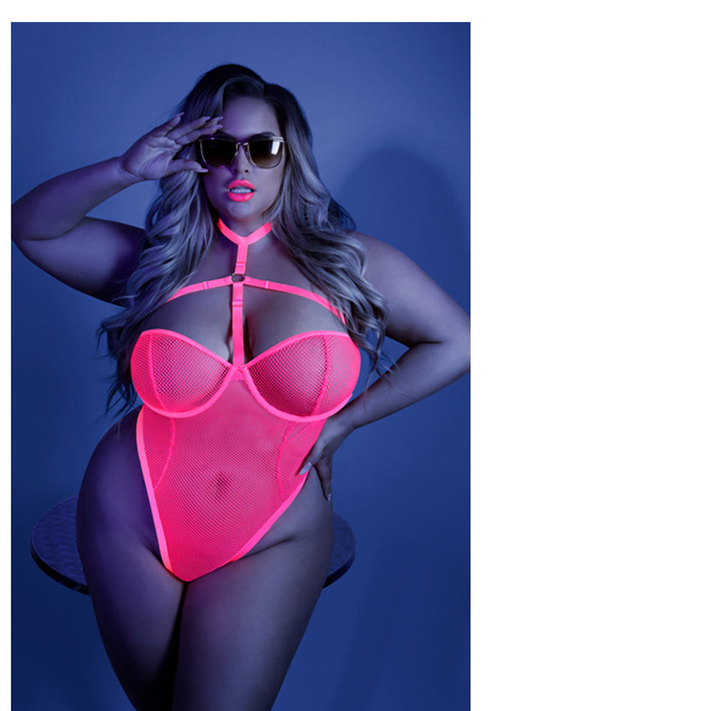 Fantasy Lingerie Glow All Nighter Harnessed Mesh Bodysuit Neon Pink Queen Size - Fantasies Boutique