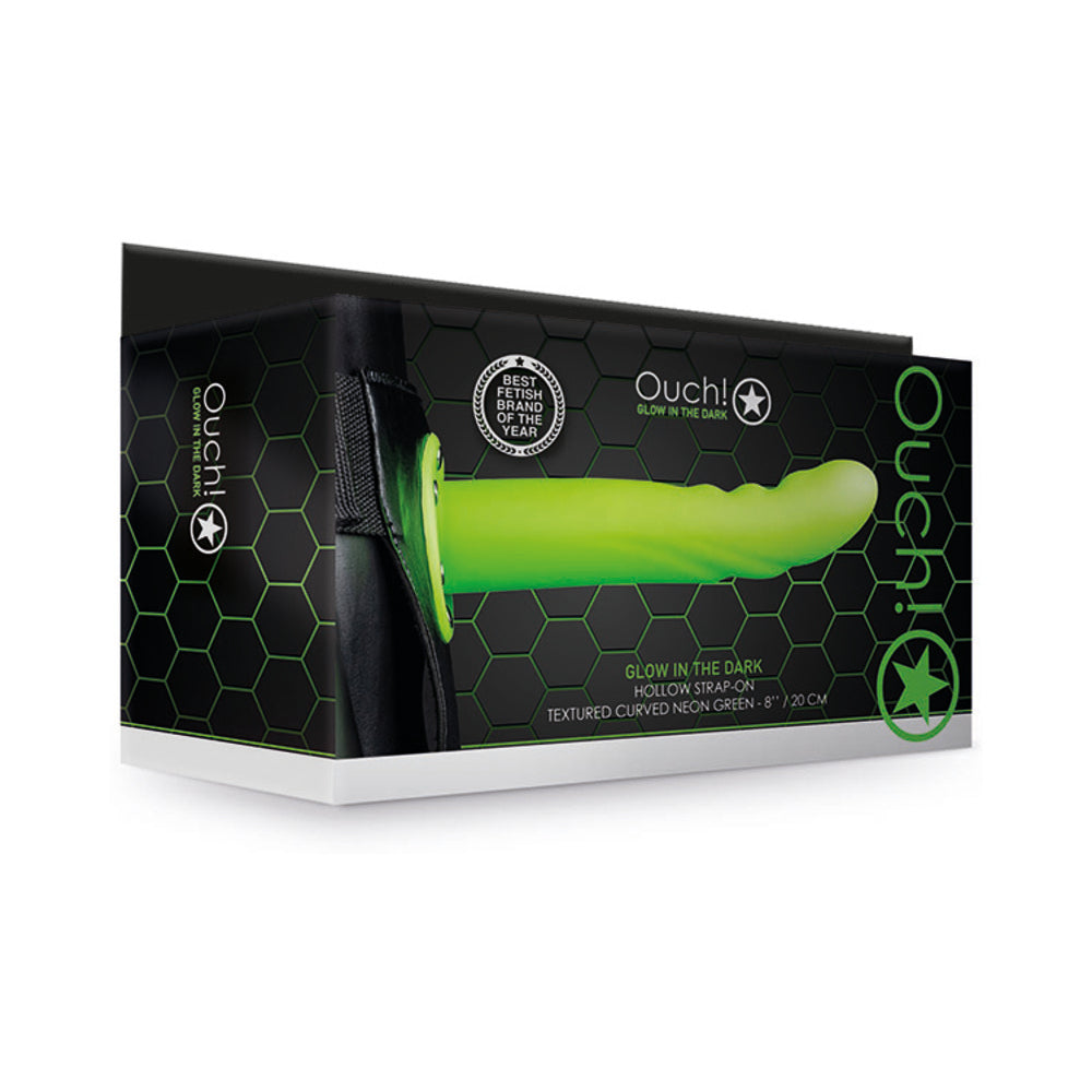 Ouch! Textured Curved 8 in. Glow in the Dark Hollow Strap-On Neon Green - Fantasies Boutique