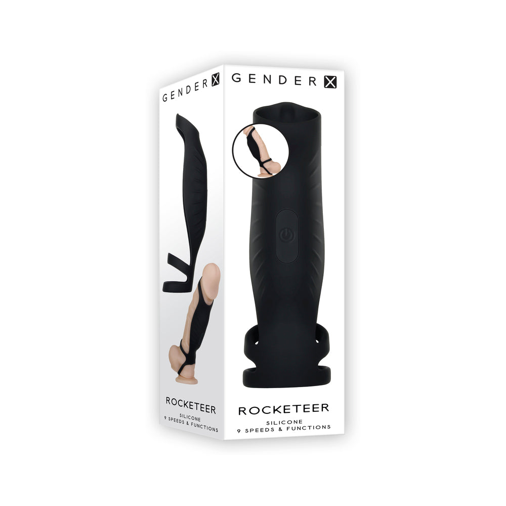 Gender X Rocketeer Rechargeable Triple-Ring Vibrating Silicone Penis Sheath Black - Fantasies Boutique