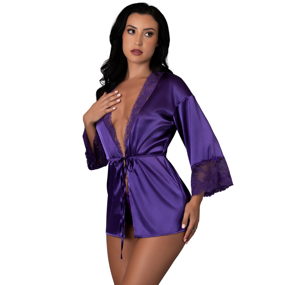 Magic Silk Satin Petals Robe Purple L/XL