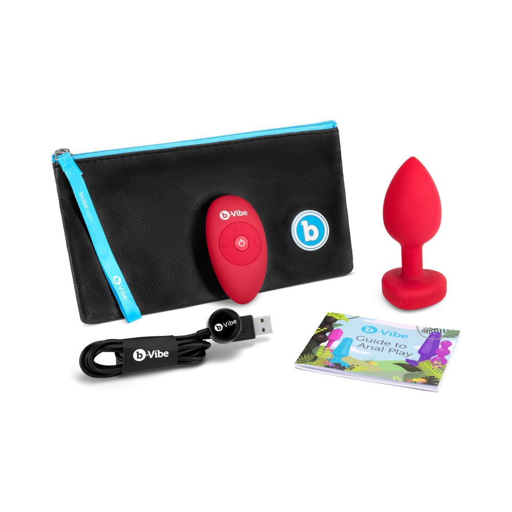 b-Vibe Vibrating Heart Anal Plug with Heart-Shaped Jewel Base M/L Red - Fantasies Boutique