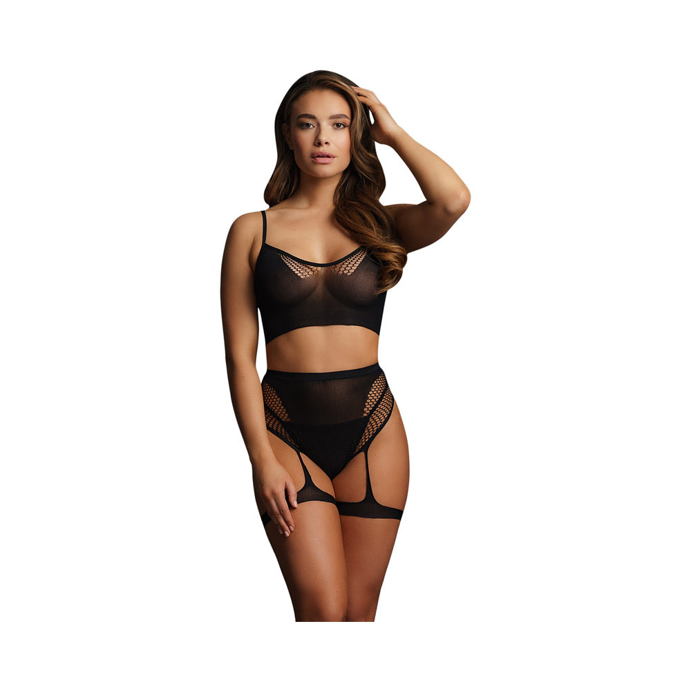 Le Desir Bliss 2-Piece Fishnet Bra & Gartered Panty Set Black O/S - Fantasies Boutique