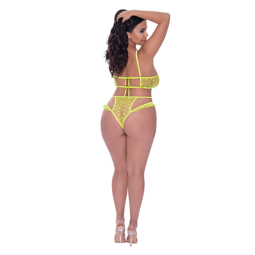 Magic Silk Love Star Halter Crop Bra & Cheeky Panty Set Neon Chartreuse Queen Size - Fantasies Boutique