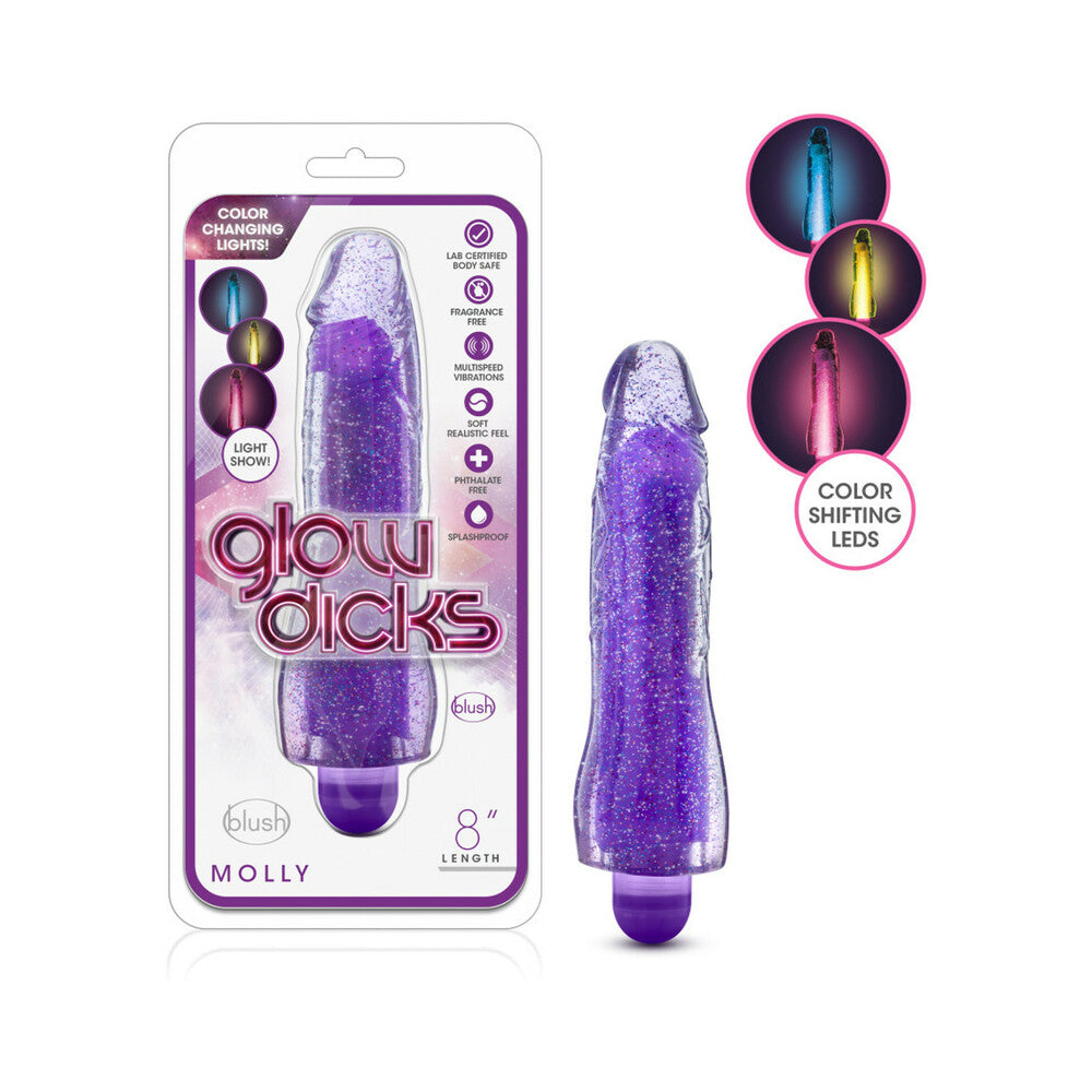 Glow Dicks Molly Color Changing 8 in. Vibrating Dildo Glitter Purple - Fantasies Boutique