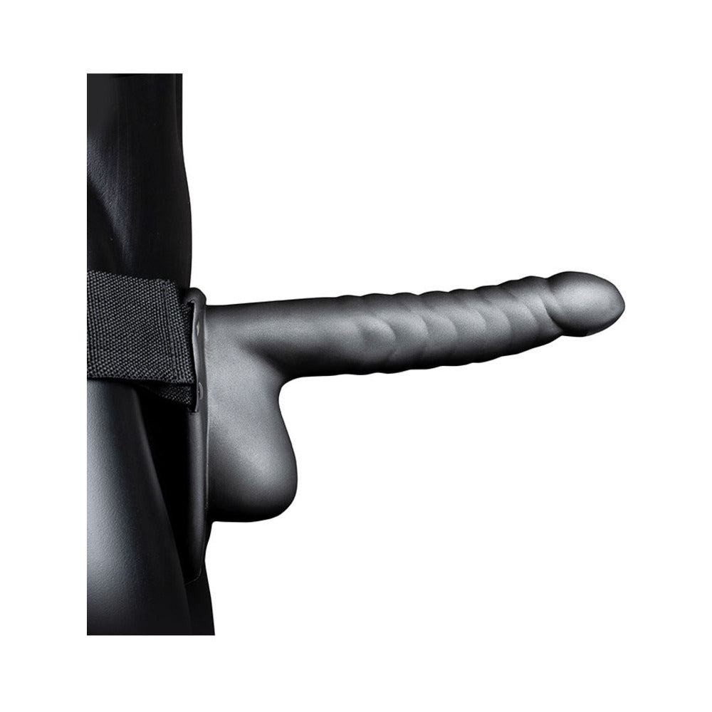 Ouch! Ribbed 8 in. Hollow Strap-On with Balls Gunmetal
