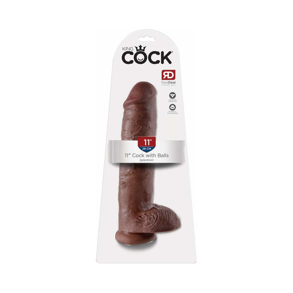 King Cock 11 in. Cock With Balls Realistic Suction Cup Dildo Brown - Fantasies Boutique