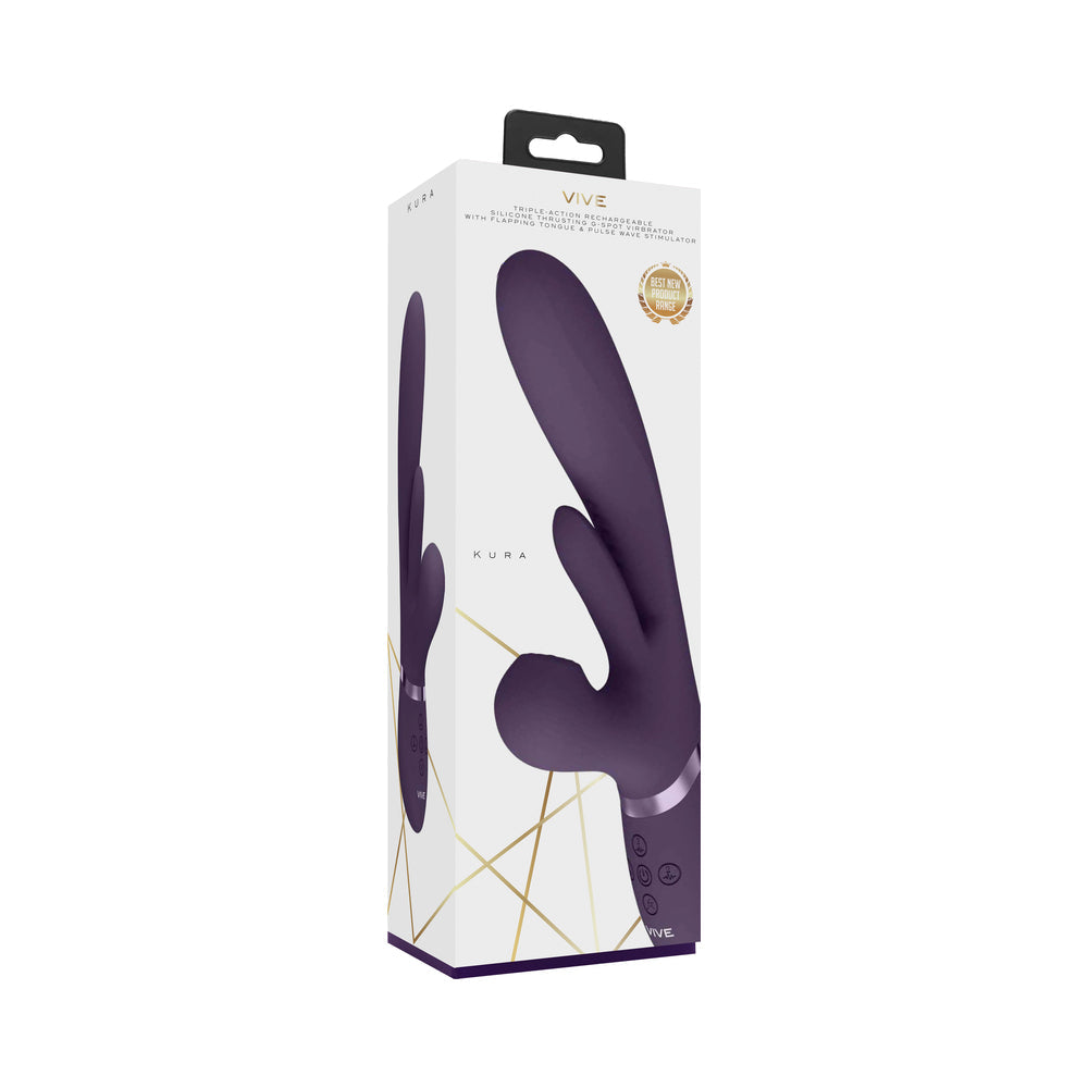 VIVE KURA Rechargeable Thrusting Silicone G-Spot Vibrator with Flapping Tongue and Pulse Wave Stimulator Purple - Fantasies Boutique
