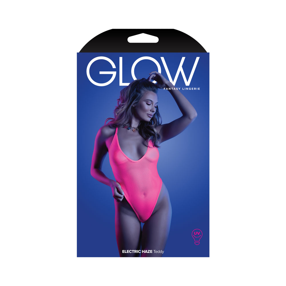 Fantasy Lingerie Glow Electric Haze Criss Cross Back Teddy with Snap Closure Neon Pink L/XL - Fantasies Boutique