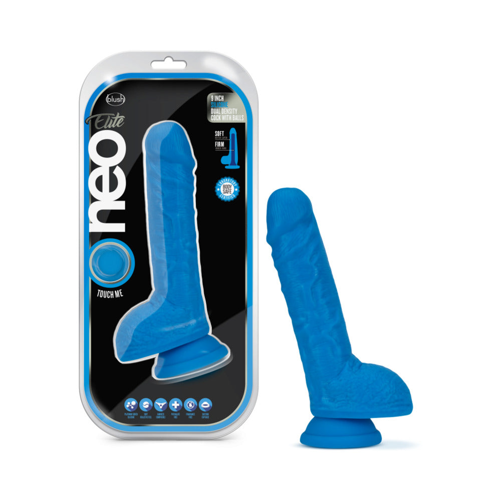 Neo Elite 9 in. Silicone Dual Density Dildo with Balls Neon Blue - Fantasies Boutique