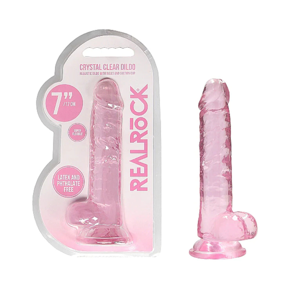 RealRock Crystal Clear Realistic 7 in. Dildo With Balls and Suction Cup Pink - Fantasies Boutique