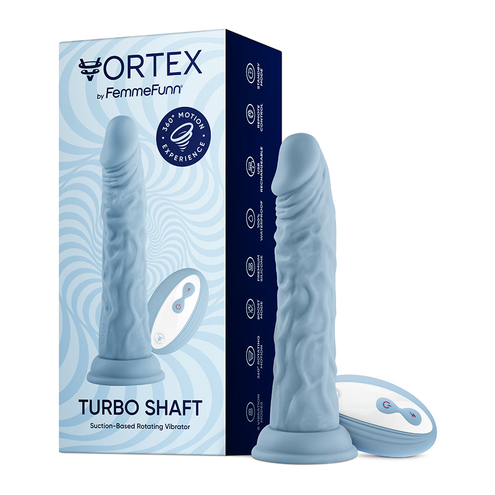 FemmeFunn Vortex Turbo Shaft 2.0 8 in. Silicone Vibrating Rotating Dildo Light Blue - Fantasies Boutique
