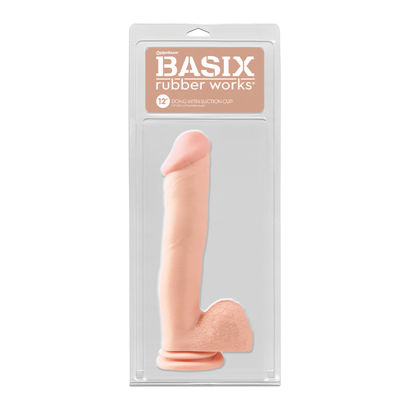 Basix Rubber Works 12 in. Dong With Balls & Suction Cup Beige - Fantasies Boutique
