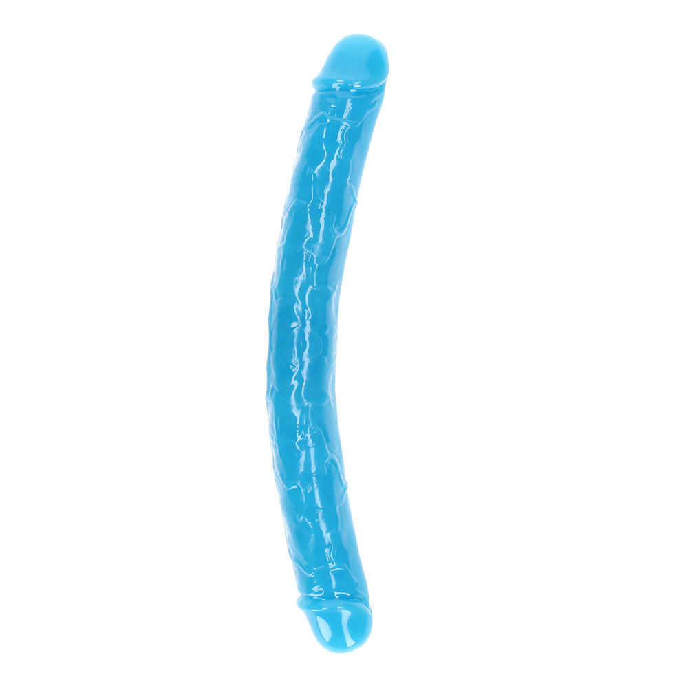 RealRock Glow in the Dark Double Dong 15 in. Dual-Ended Dildo Neon Blue - Fantasies Boutique