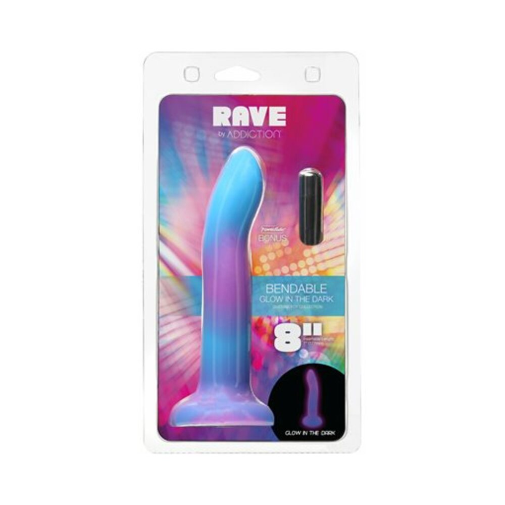 Addiction Rave Bendable 8 in. Silicone Dildo Glow in the Dark Blue Purple - Fantasies Boutique