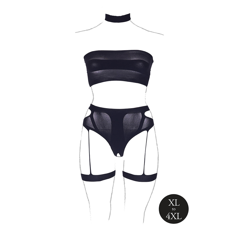Le Desir Shade Ananke XII Choker, Bandeau Top & Panty with Garters Black Queen - Fantasies Boutique