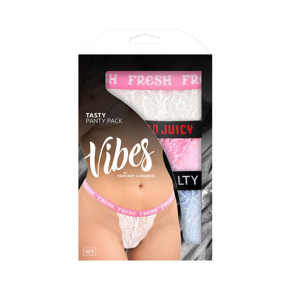 Fantasy Lingerie Vibes Tasty Vibes Pack 3-Piece Lace Thong Panty Set Blue/Pink/White O/S - Fantasies Boutique