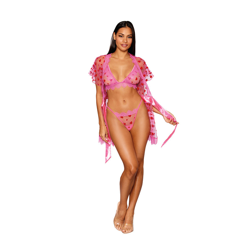 Dreamgirl Flocked Heart Mesh and Eyelash Lace Robe, Bralette, and G-string Set Peony XL - Fantasies Boutique