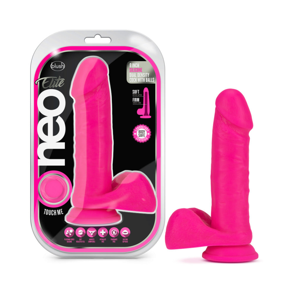 Neo Elite 8 in. Silicone Dual Density Dildo With Balls Neon Pink - Fantasies Boutique