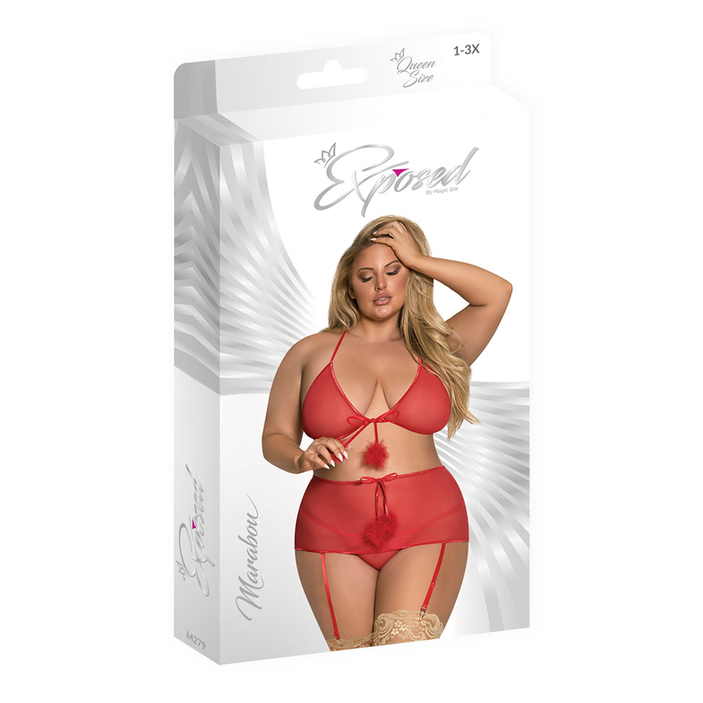 Magic Silk Marabou Bra, Garter Skirt & G-String Set Red QUEEN - Fantasies Boutique