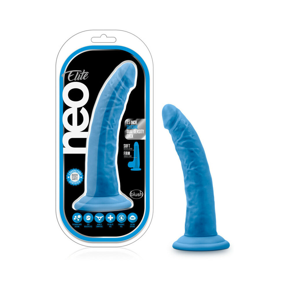 Neo Elite 7.5 in. Silicone Dual Density Dildo Neon Blue - Fantasies Boutique