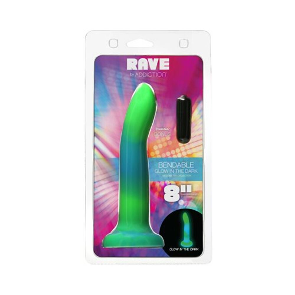 Addiction Rave Bendable 8 in. Silicone Dildo Glow in the Dark Blue Green - Fantasies Boutique