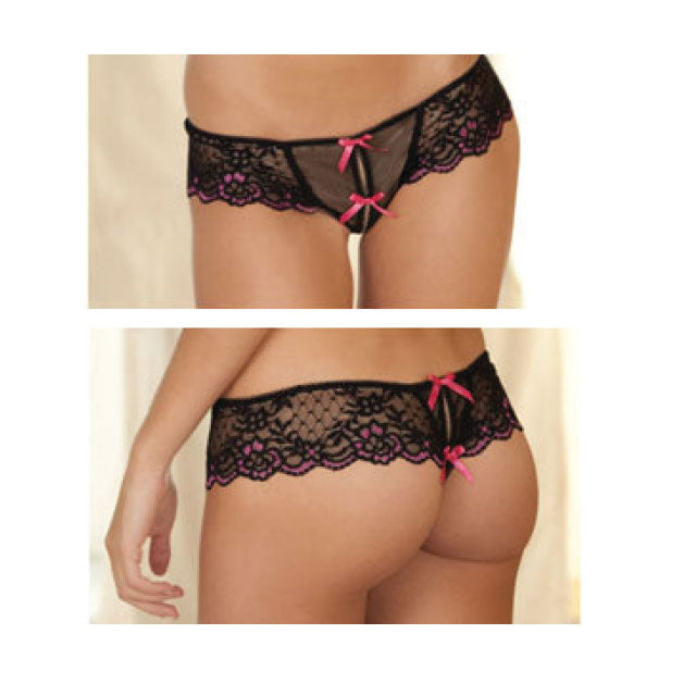 Rene Rofe Crotchless Lace Thong With Bows M/L - Fantasies Boutique