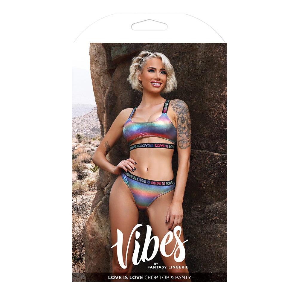 Fantasy Lingerie Vibes Love is Love Underboob Cutout Top & Cheeky Panty Rainbow Holo S/M - Fantasies Boutique