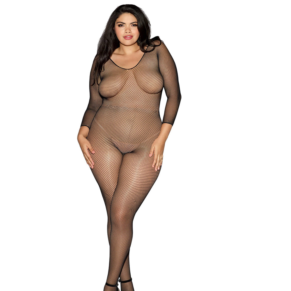 Dreamgirl Longsleeve Fishnet Bodystocking with Open Crotch Black Queen - Fantasies Boutique