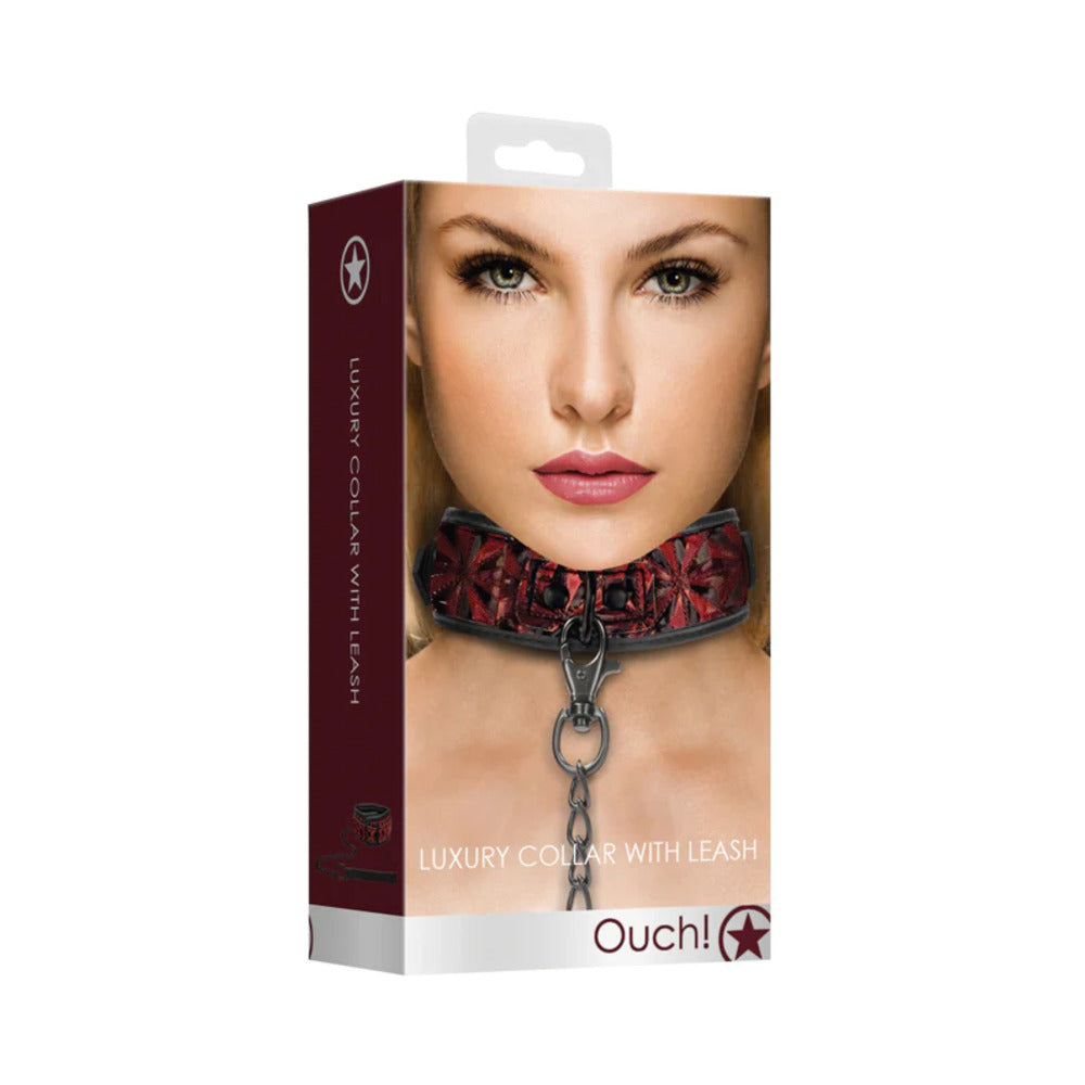 Ouch! Luxury Adjustable Collar With Leash Burgundy - Fantasies Boutique