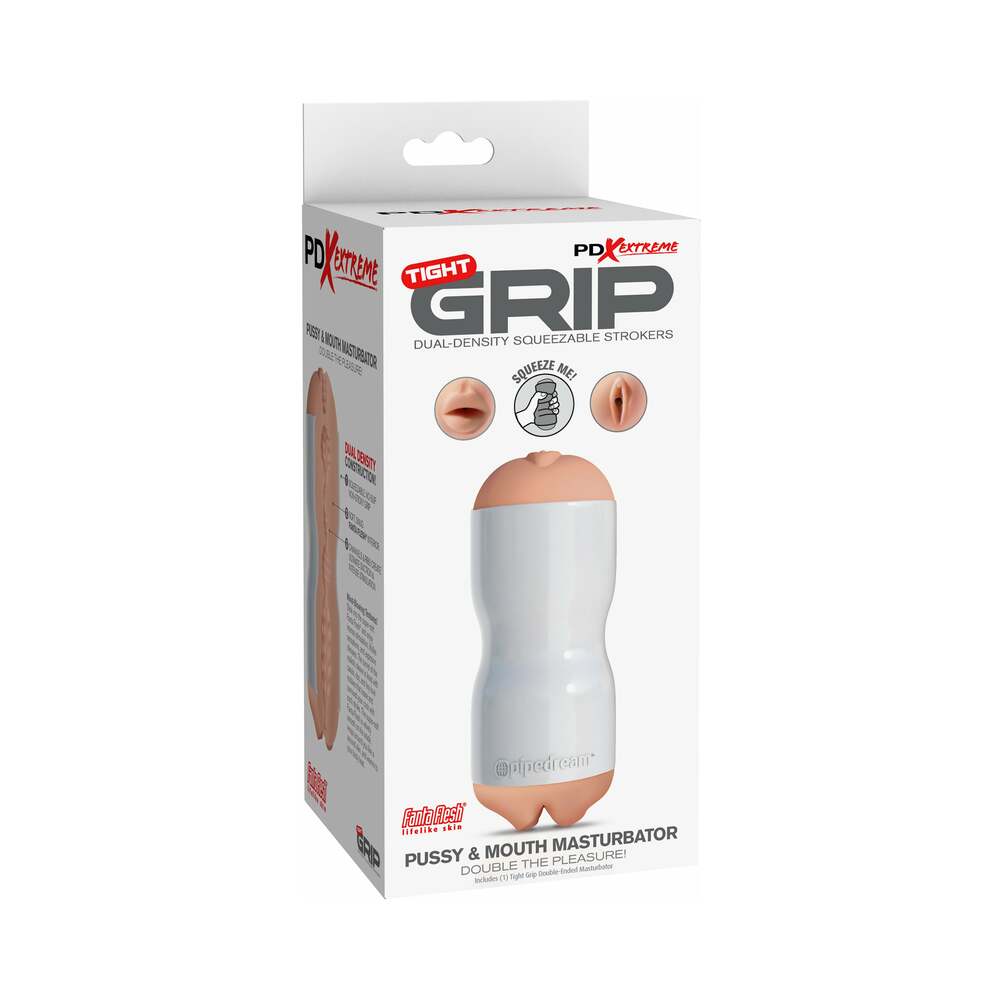 PDX Tight Grip Pussy & Mouth Dual Density Squeezable Masturbator Beige/White - Fantasies Boutique