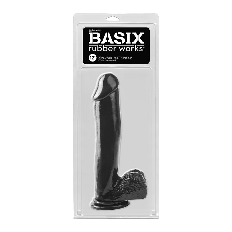 Basix Rubber Works 12 in. Dong With Balls & Suction Cup Black - Fantasies Boutique