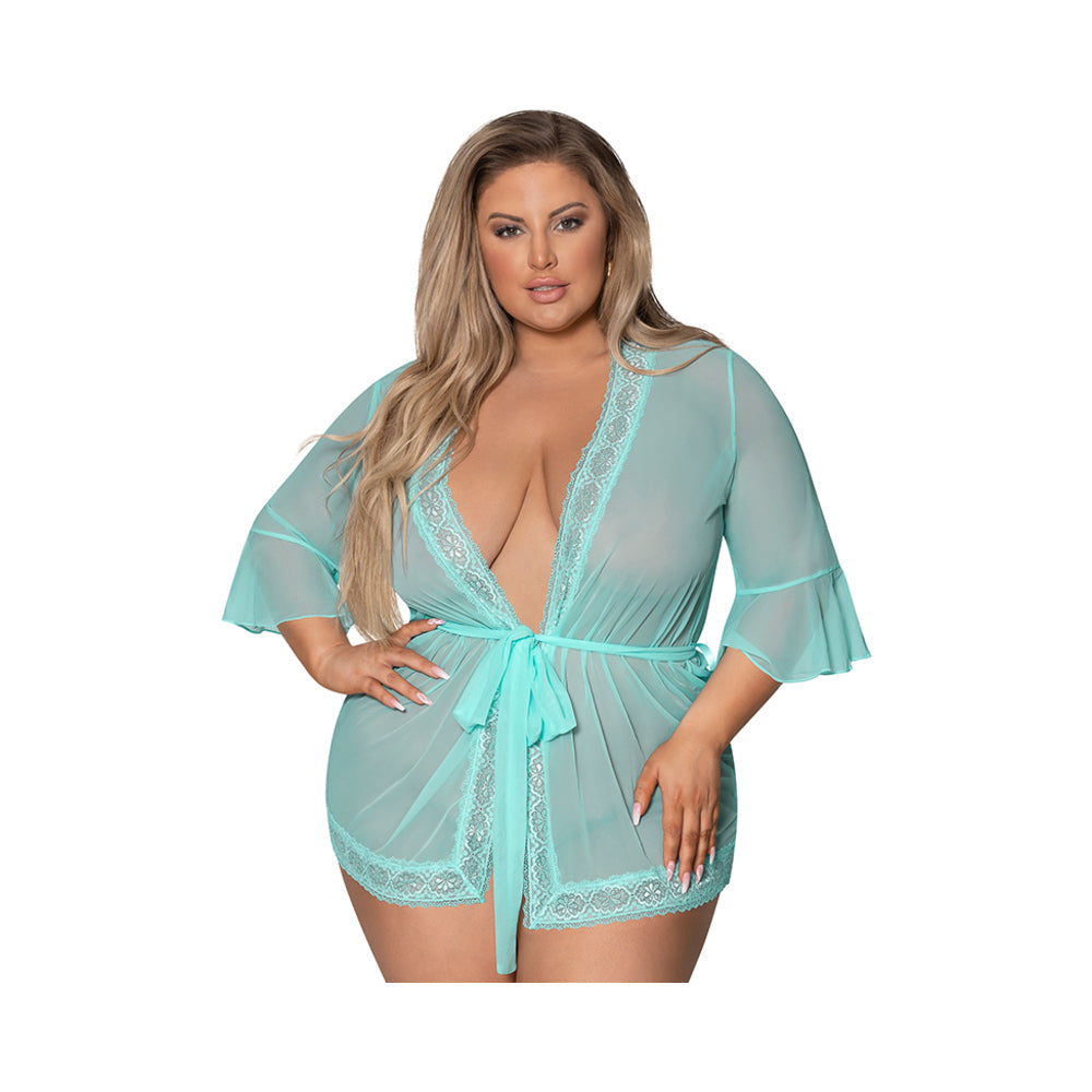 Magic Silk Seabreeze Robe With Lace Trim Turquoise Queen Size - Fantasies Boutique