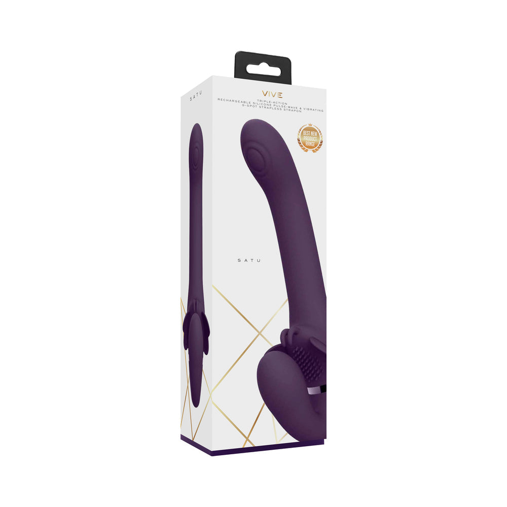 VIVE SATU Rechargeable Triple Motor Pulse-Wave Vibrating Silicone Strapless Strap-On Purple - Fantasies Boutique