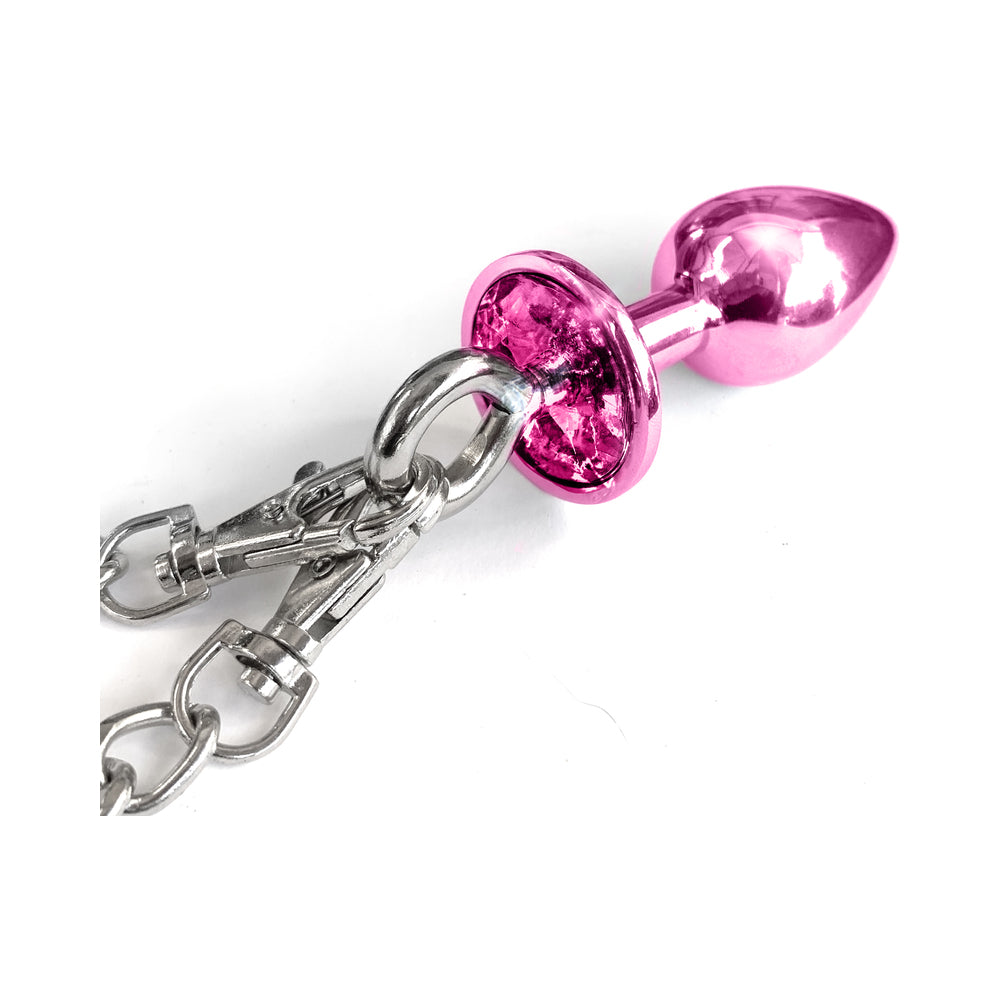Nixie Metal Butt Plug & Furry Handcuff Set Medium Pink Metallic - Fantasies Boutique