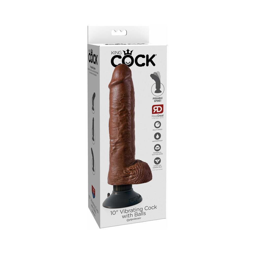 King Cock 10 in. Vibrating Cock With Balls Poseable Suction Cup Dildo Brown - Fantasies Boutique
