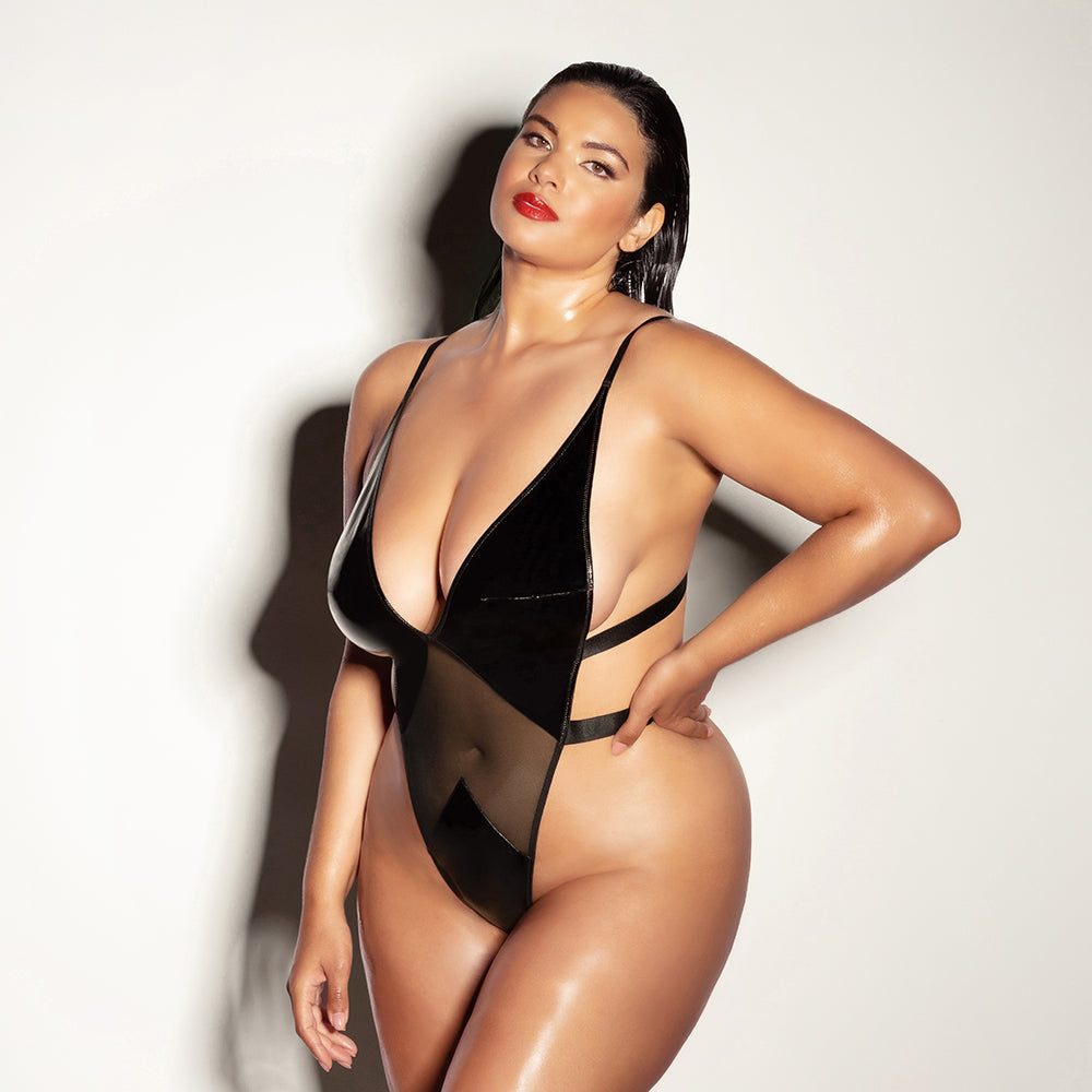 Oh La La Cheri Limitless Soft Cup High Leg Vinyl and Mesh Teddy 1XL/2XL - Fantasies Boutique